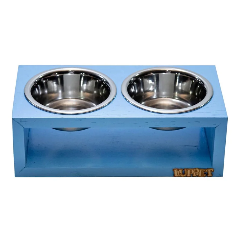 Comedouro Duplo Para Cães e Gatos Madeira Com Potes Inox Luppet Azul